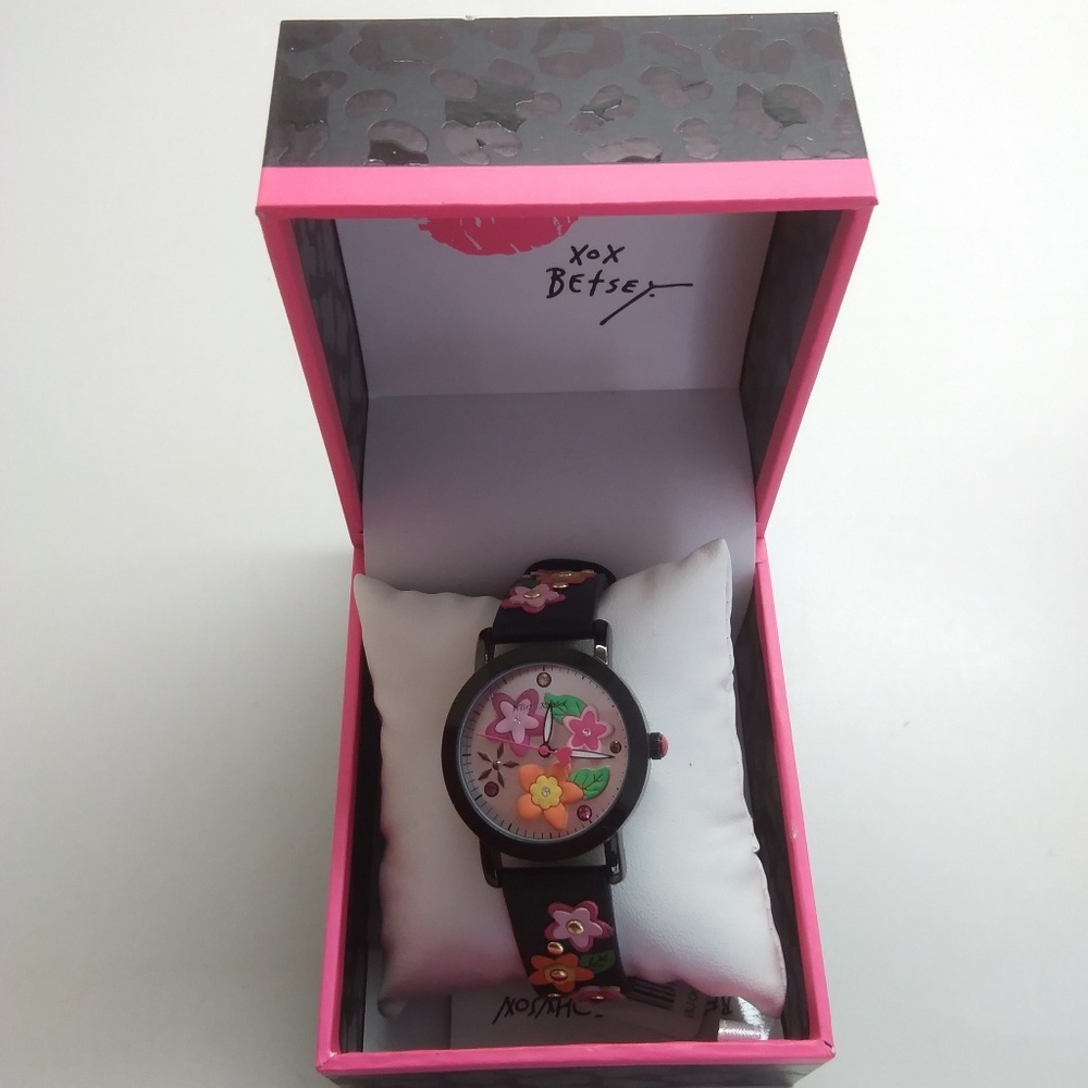 Betsey Johnson New Black Multi-Floral Watch